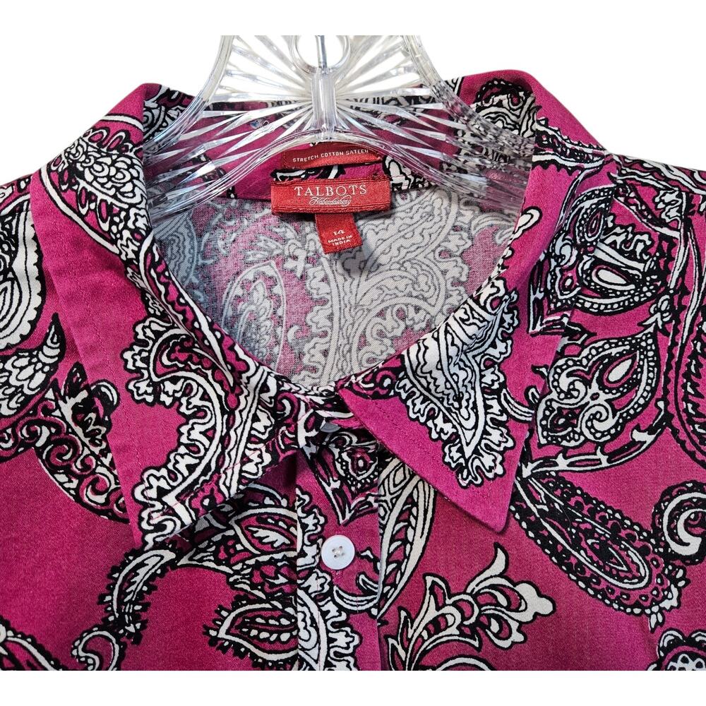 TALBOTS Women's 14 Blouse Paisley Pink Black Button Up Cotton Sateen Classic 40" - Picture 5 of 9